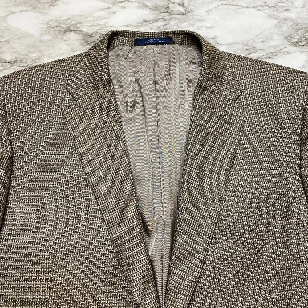 Joseph Abboud Mens Coat Jacket Size 44R Silk Wool Brown Beige Check‎ USA Made